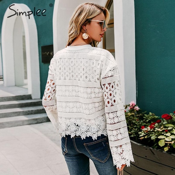 HP💝Simplee Crochet lined white Lace l/s blouse sm - Picture 7 of 8